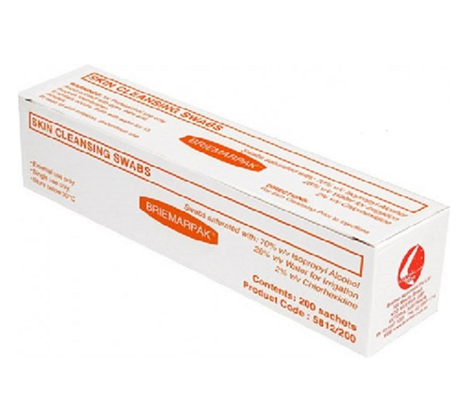 Briemar Alcohol IPA (70%) & Chlorhexidine (2%) Swabs - Pack of 200