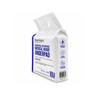 A 10-pack of Barney's Professional disposable waterproof medical grade underpads in a white resealable stand-up pouch with blue text and icons, shown on a white background.