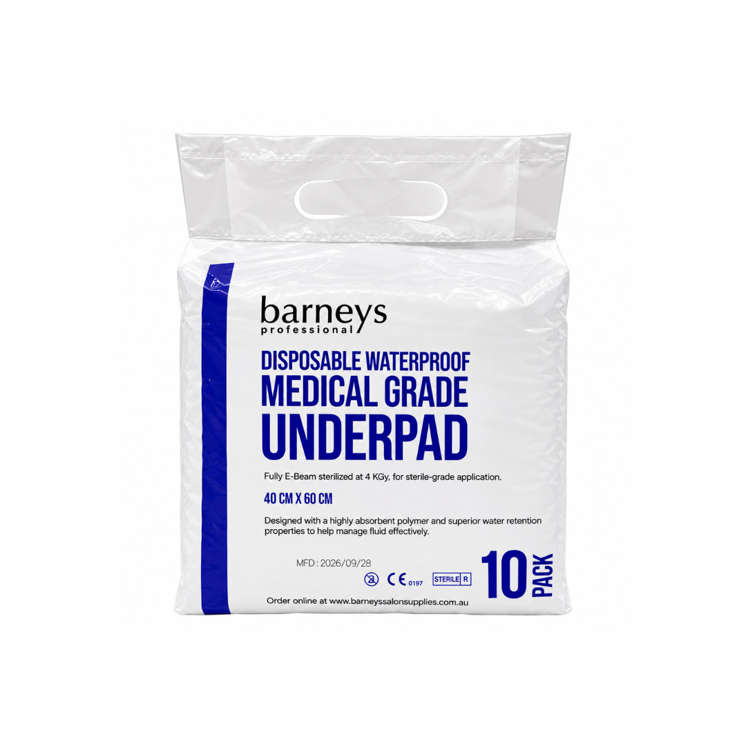 A 10-pack of Barney's Professional Disposable Waterproof Medical Grade Underpads in a white plastic bag with blue and black text, shown on a white background.