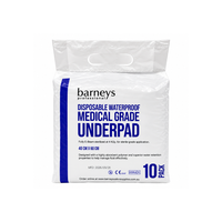 A 10-pack of Barney's Professional Disposable Waterproof Medical Grade Underpads in a white plastic bag with blue and black text, shown on a white background.