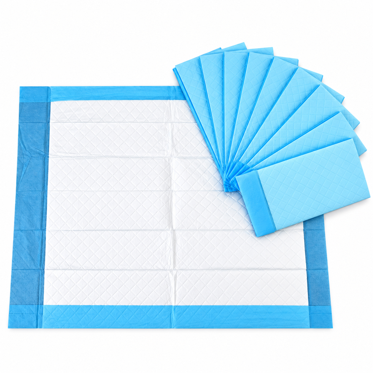 A set of blue and white absorbent pads, with one pad laid flat and several others fanned out on top, photographed on a clean white background.