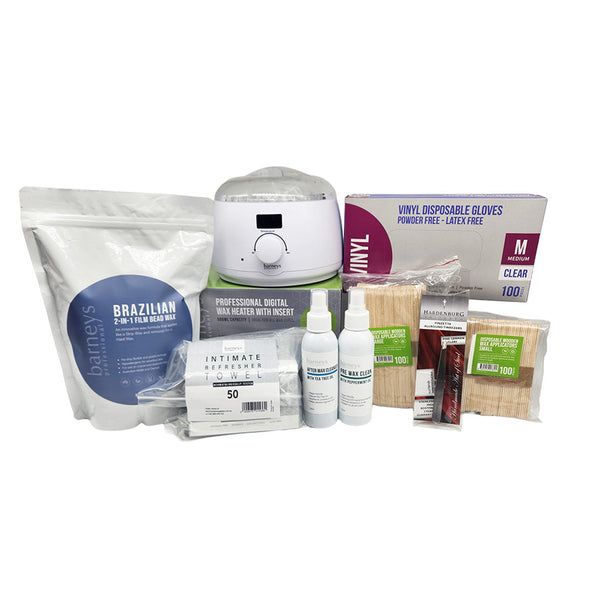 Collection of personal care products including a hair removal device, bottles, and packaging on a white background.