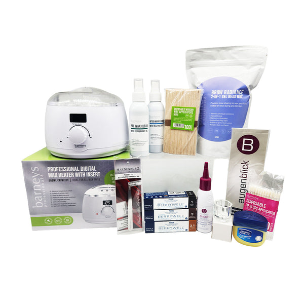 Collection of beauty and grooming products including a digital wax heater, bottles, and boxes on a white background.