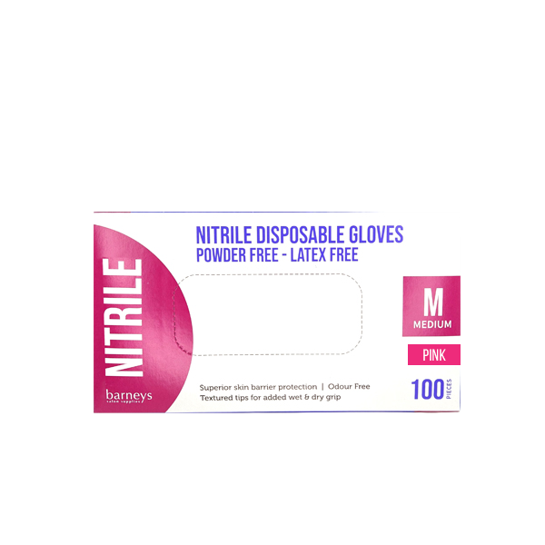 Barneys Nitrile Disposable Gloves Powder Free - Pink - Medium - 100 Pieces