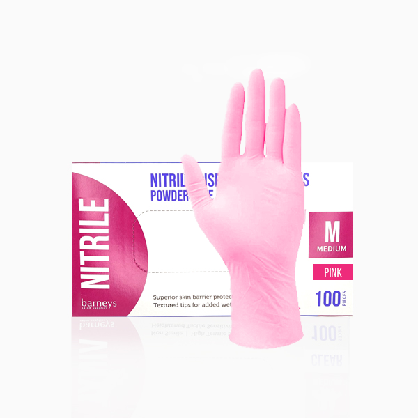 Barneys Nitrile Disposable Gloves Powder Free - Pink - Medium - 100 Pieces