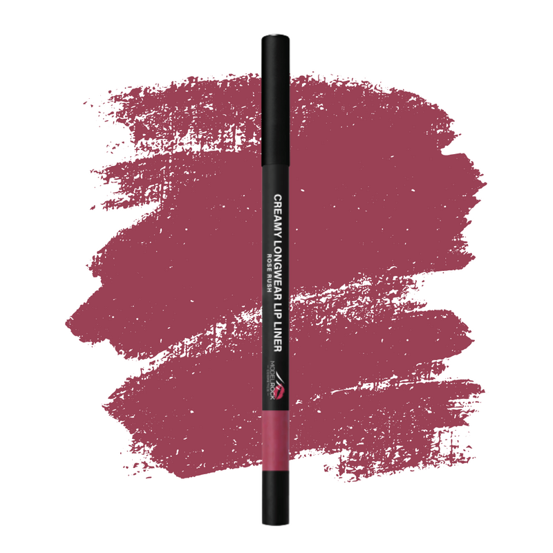 Set of black lip liner pencils on a gray platform with a white geometric patterned background