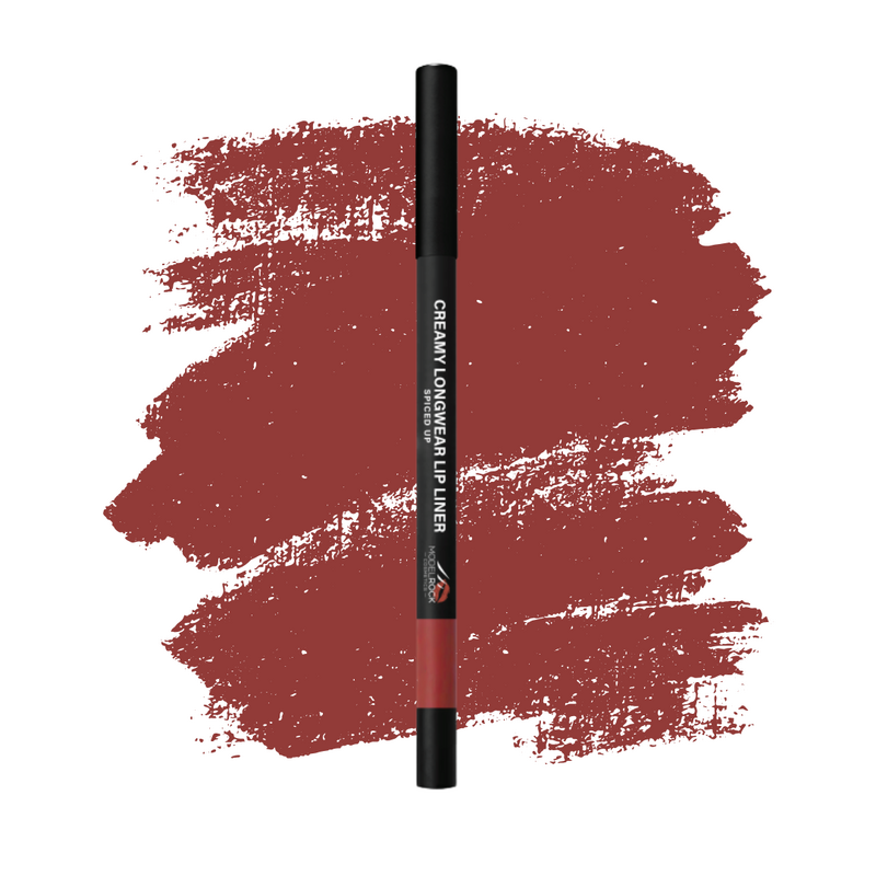 Lip liner with red color swatch on a white background