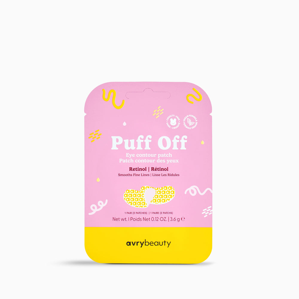 Pink and yellow eye patch packaging with 'Puff Off' text on a white background