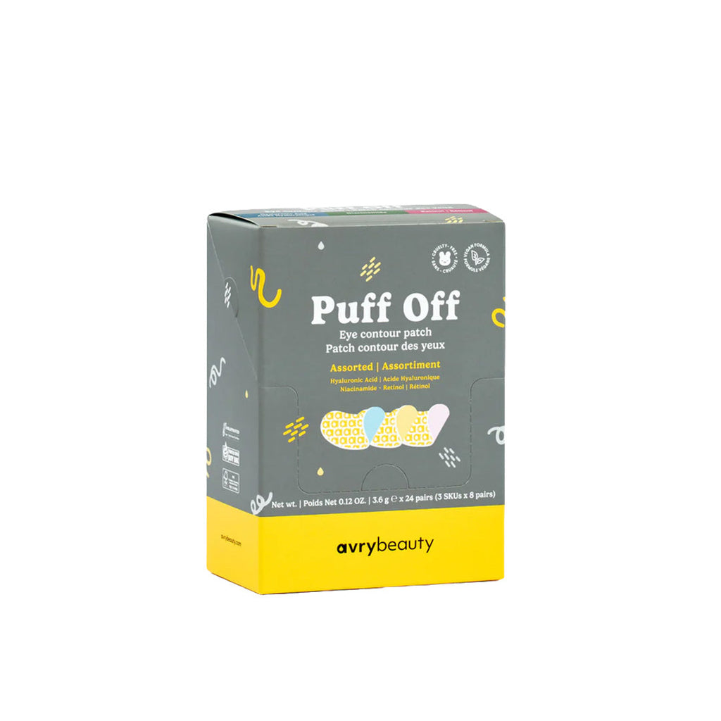 Avry Beauty Puff Off eye contour patches packaging on a white background