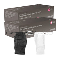 Two boxes of disposable female g-strings, one black and one white, with g-strings displayed in front.