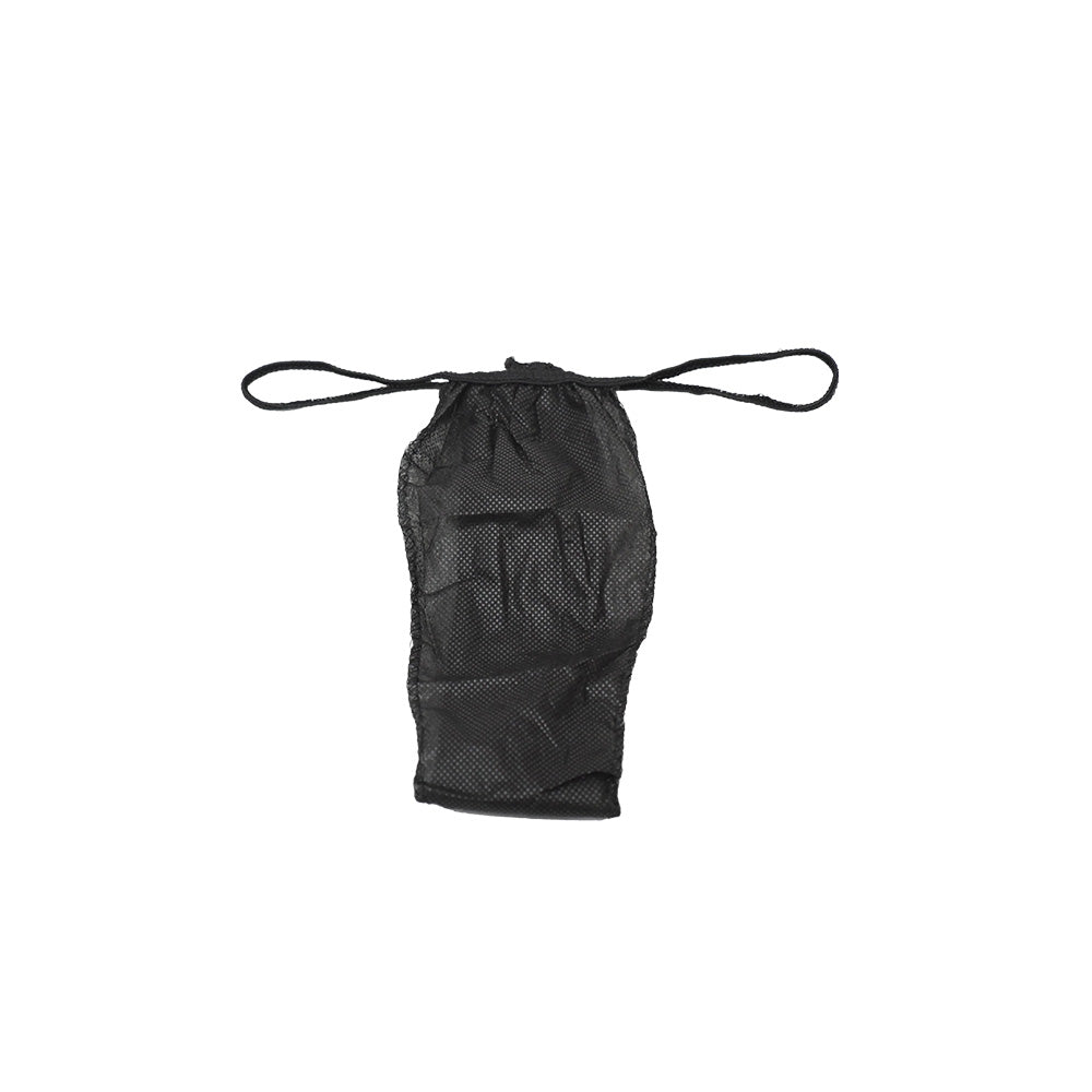Disposable female g-string packaging with black drawstring bag on a white background