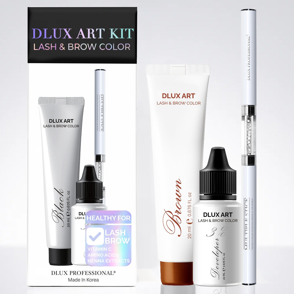 DLUX Pro Art Hybrid Lash and Brow Tint – Brown bundle contents