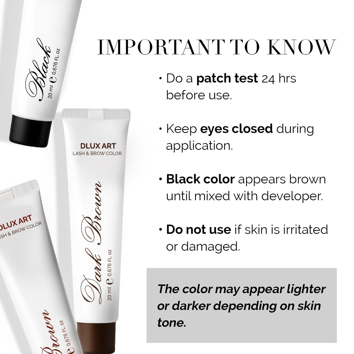 DLUX Pro Art Hybrid Lash and Brow Tint – Tint application precautions