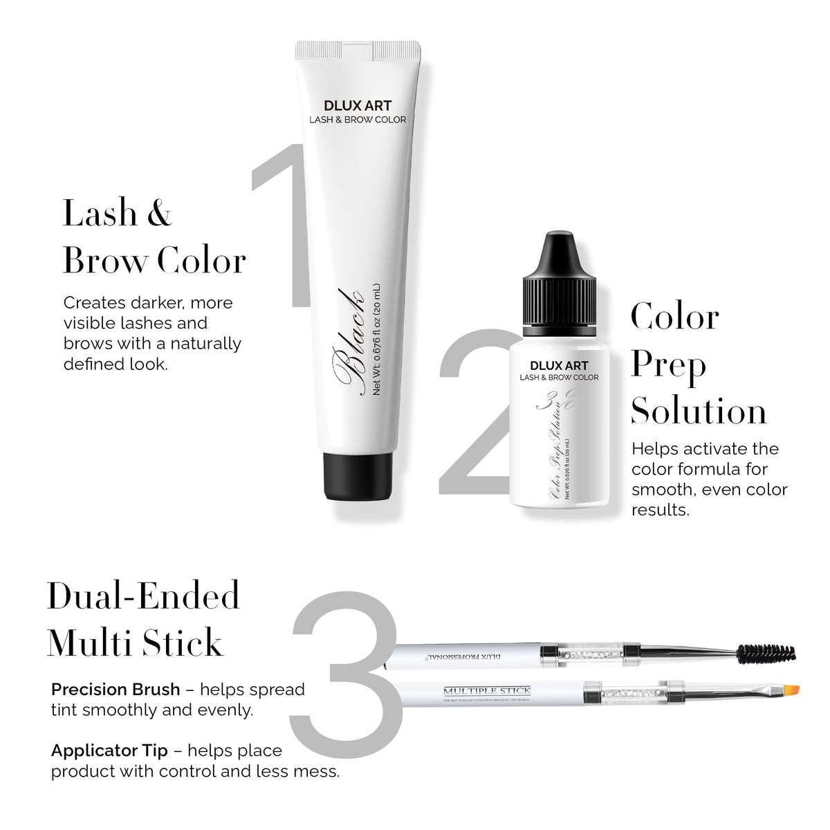 DLUX Pro Art Hybrid Lash and Brow Tint – Black bundle inclusions