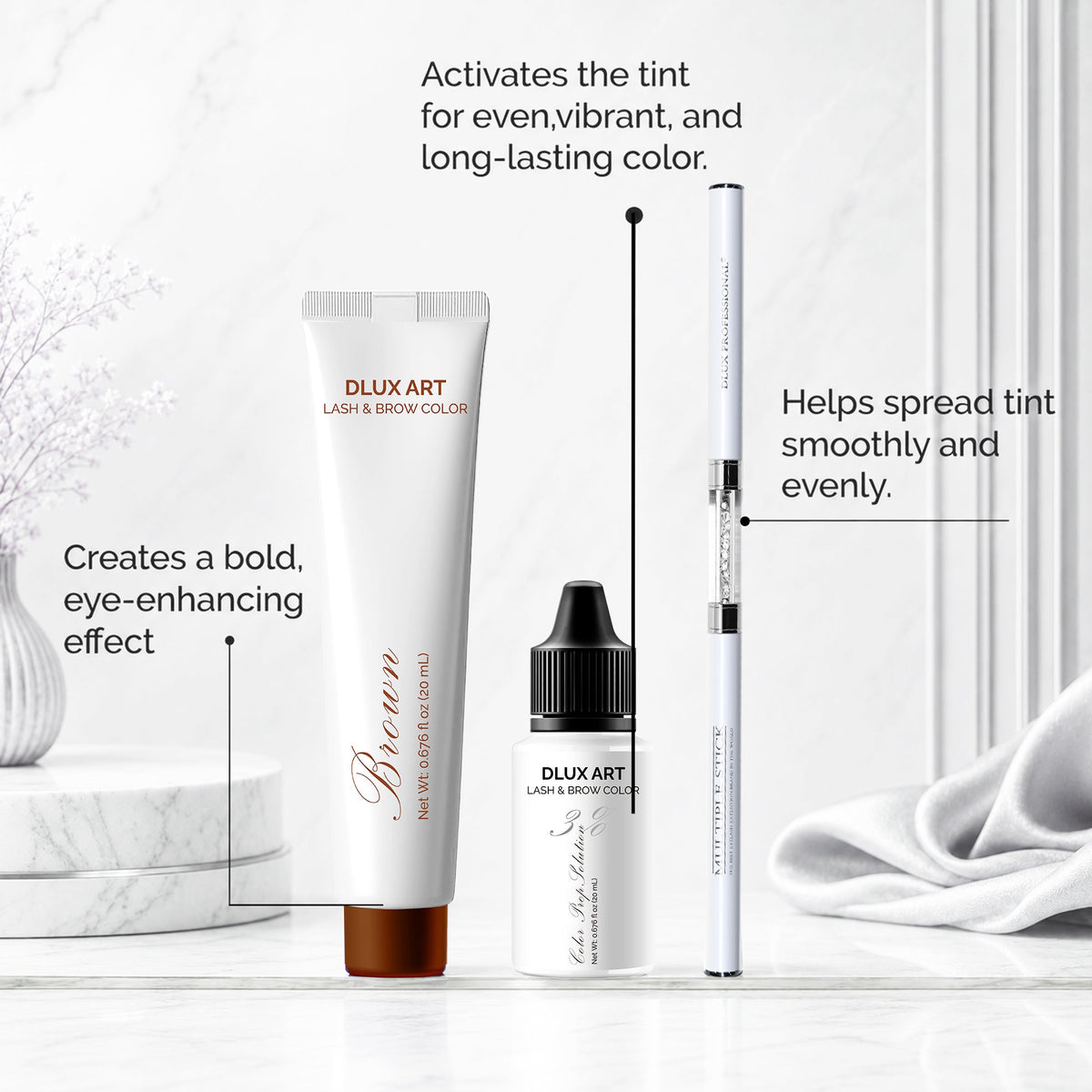 DLUX Pro Art Hybrid Lash and Brow Tint – Brown bundle product features
