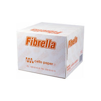 A white cardboard box of Fibrella cello paper, featuring the brand name 'Fibrella' in orange and 'cello paper' printed in red, set against a plain white background.