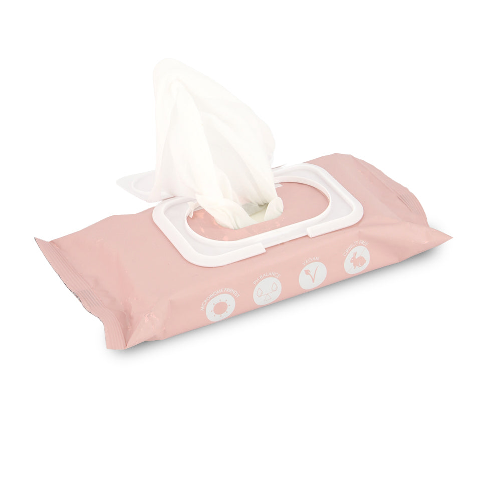 Pink packet of Finn wipes on a white background