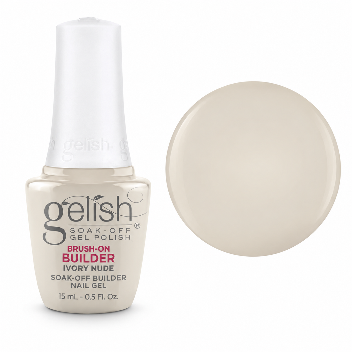 Gelish Pro Brush-On Builder Gel 15ml – Ivory Nude bottle and colour swatch