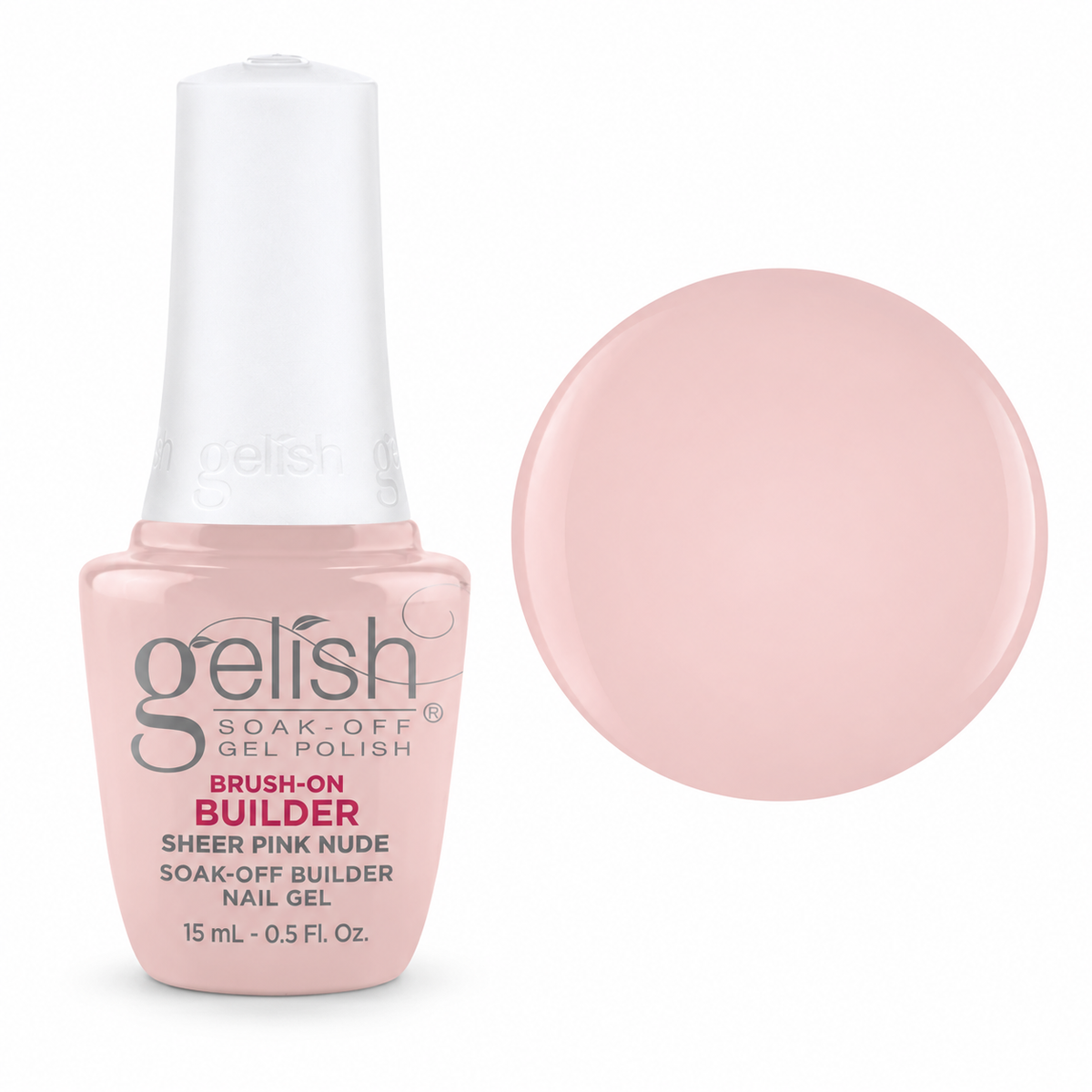 Gelish Pro Brush-On Builder Gel 15ml – Sheer Pink Nude bottle and colour swatch