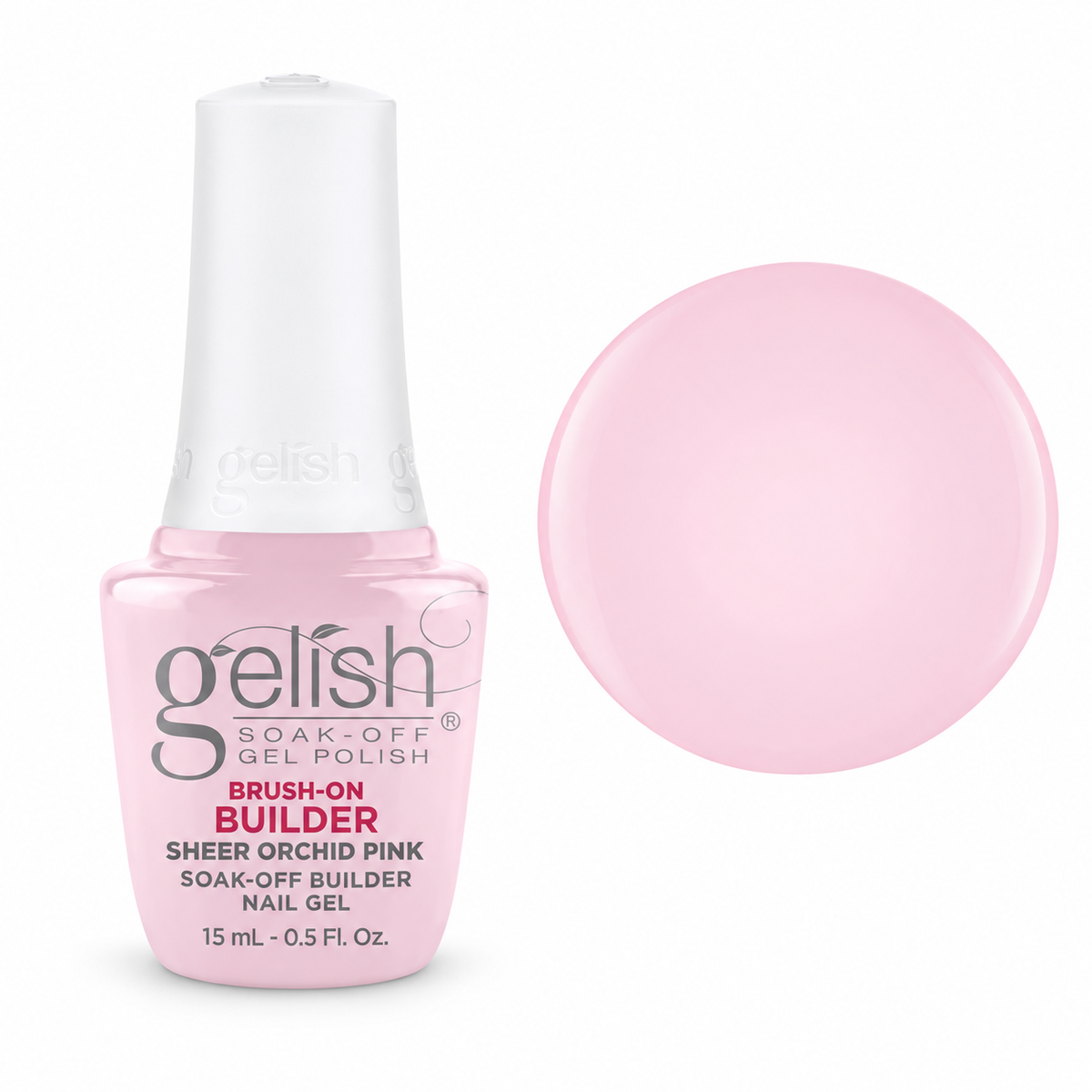 Gelish Pro Brush-On Builder Gel 15ml – Sheer Orchid Pink bottle and colour swatch