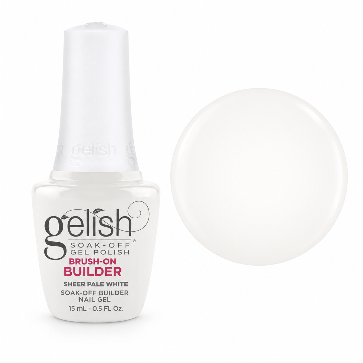 Gelish Pro Brush-On Builder Gel 15ml – Sheer Pale White bottle and colour swatch