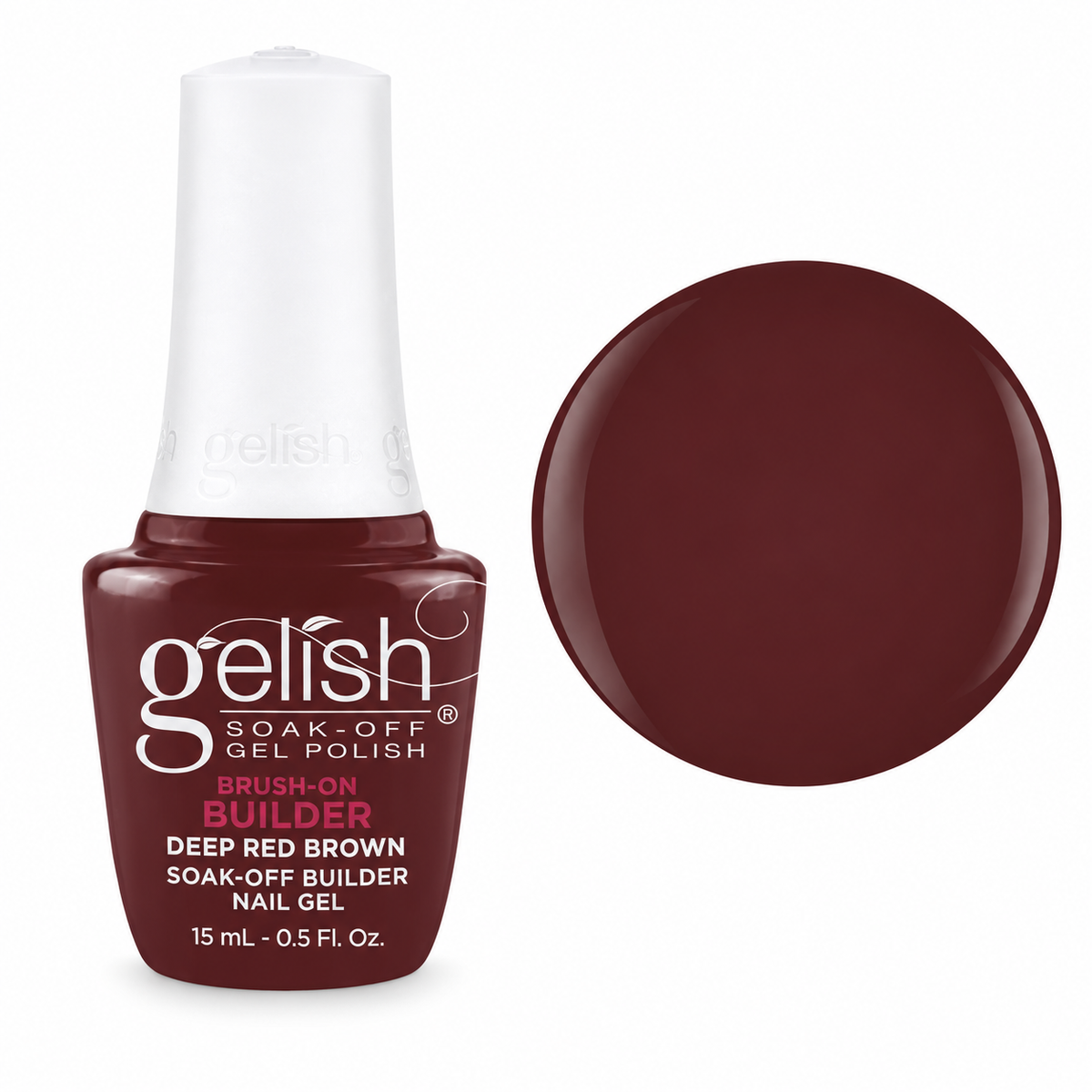 Gelish Pro Brush-On Builder Gel 15ml – Deep Red Brown bottle and colour swatch
