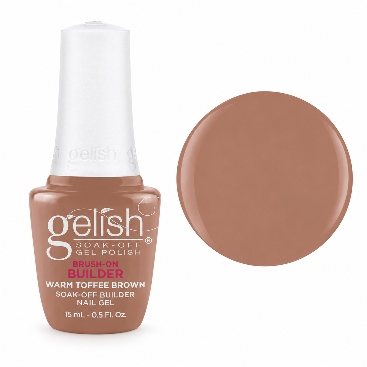 Gelish Pro Brush-On Builder Gel 15ml – Warm Toffee Brown bottle and colour swatch