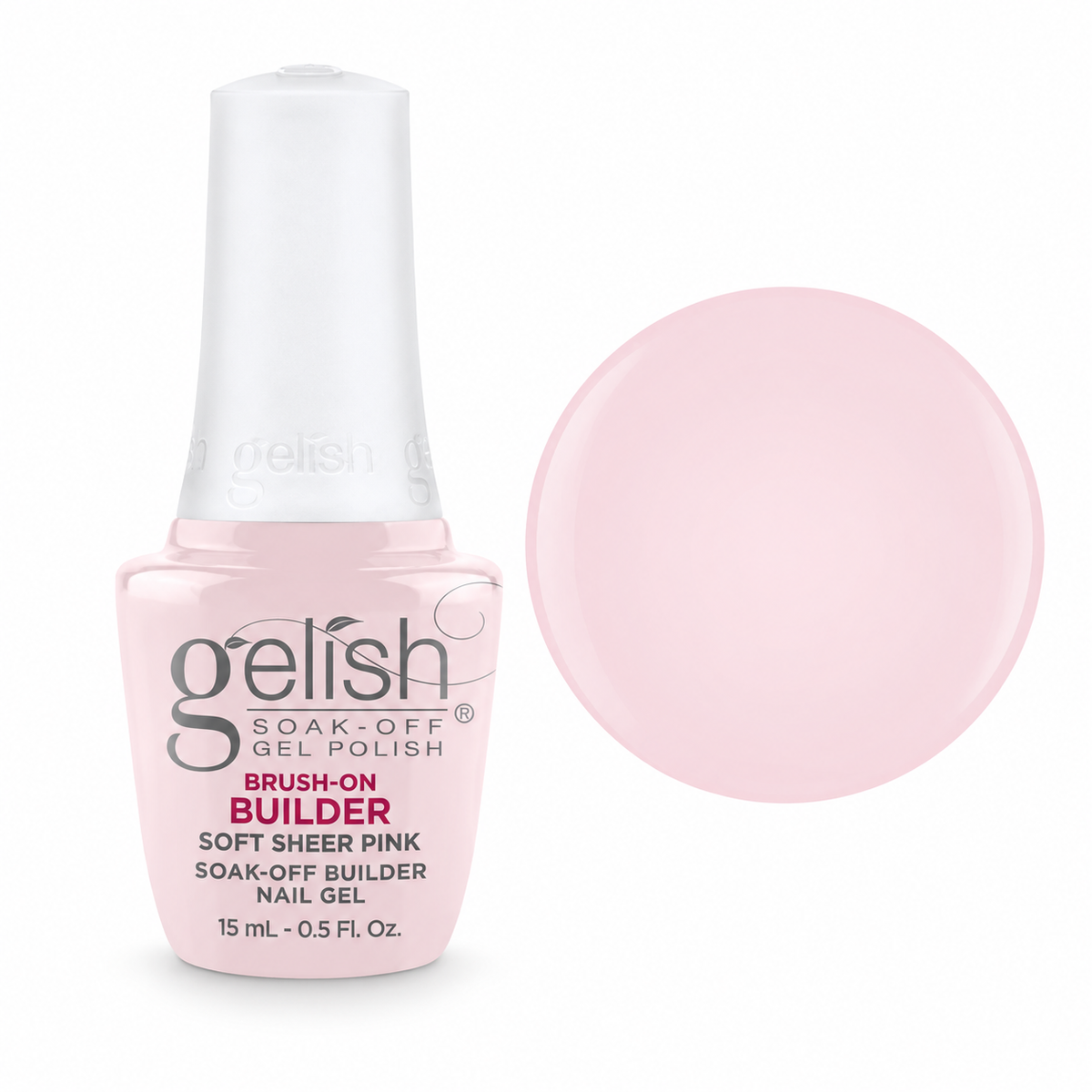 Gelish Pro Brush-On Builder Gel 15ml – Soft Sheer Pink bottle and colour swatch