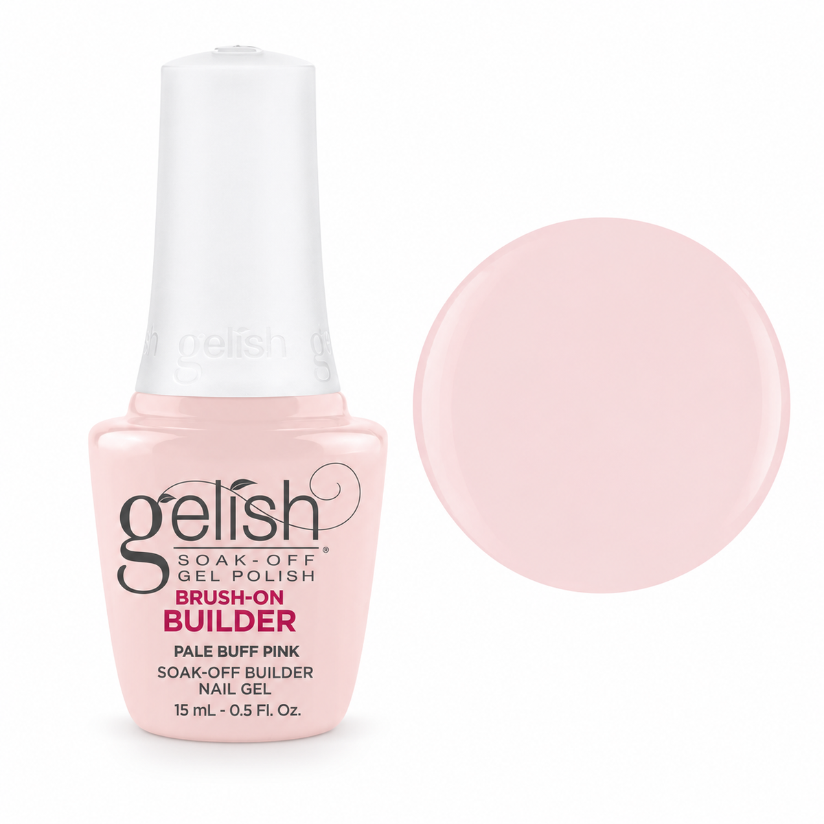 Gelish Pro Brush-On Builder Gel 15ml – Pale Buff Pink bottle and colour swatch