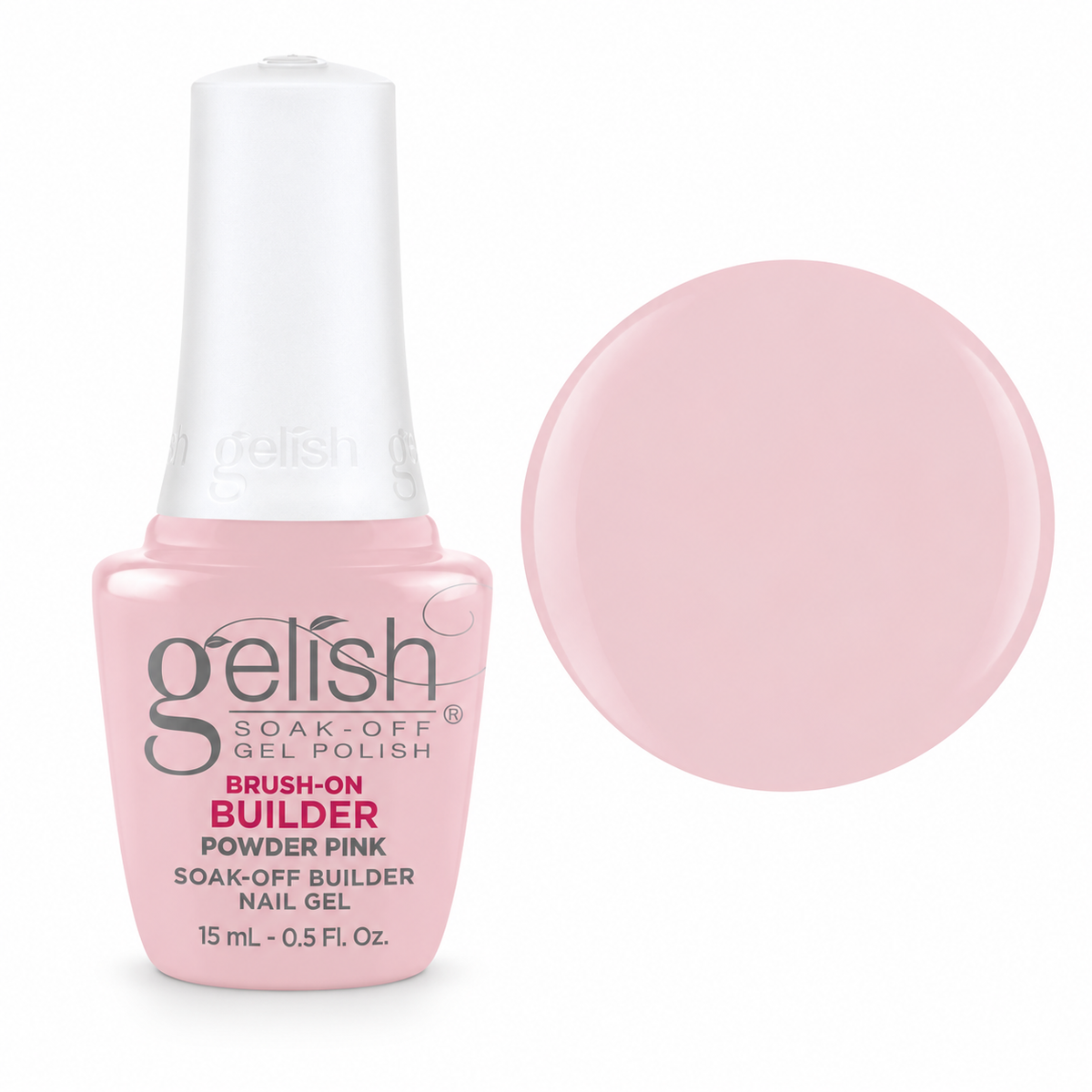 Gelish Pro Brush-On Builder Gel 15ml – Powder Pink bottle and colour swatch