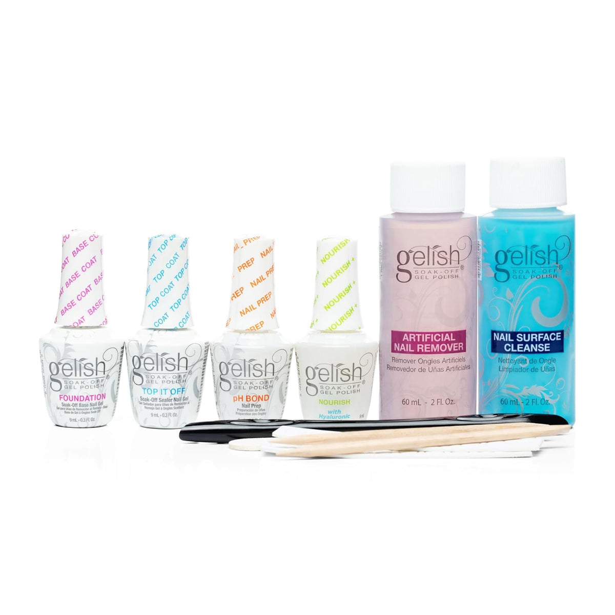 Gelish Mini Complete Basix Kit with six bottles and prep accessories on a white background