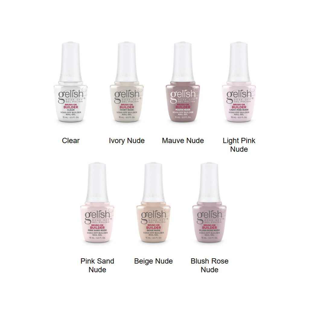 Set of Gelish nail polish bottles on a white background