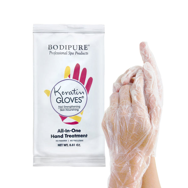 Bodipure Keratin Gloves packaging with a hand wearing a glove on a white background