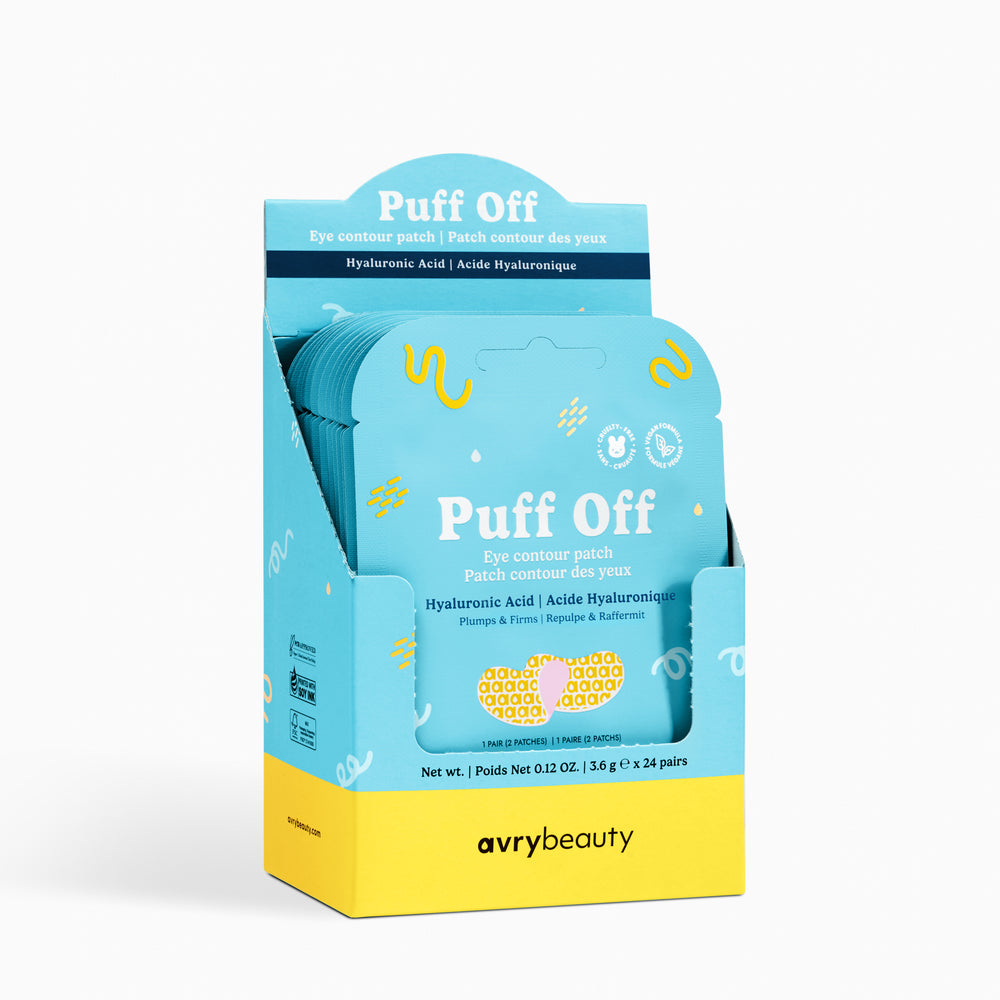 Avry Beauty 'Puff Off' eye contour patch packaging on a white background