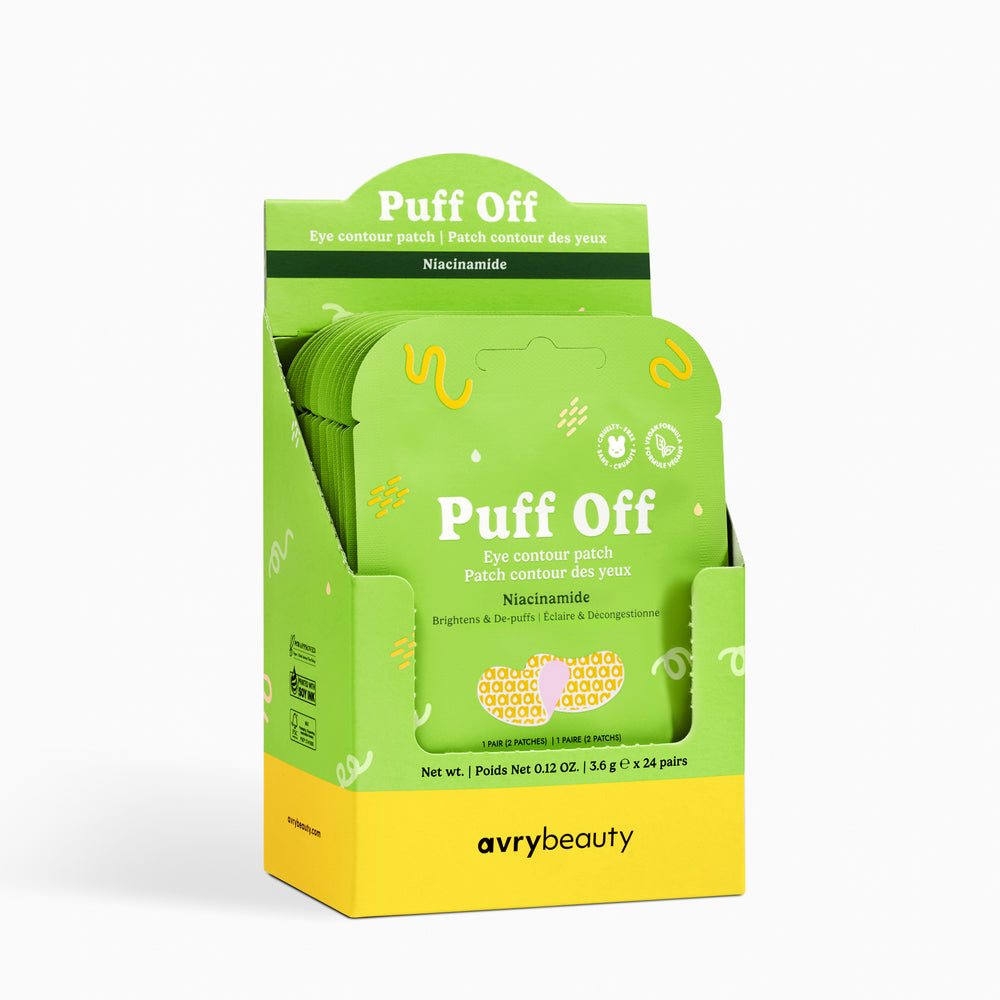Avry Beauty 'Puff Off' eye contour patch packaging on a white background