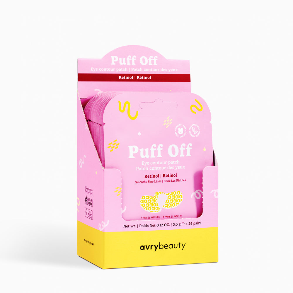 Pink and yellow eye patch packaging with 'Puff Off' text on a white background