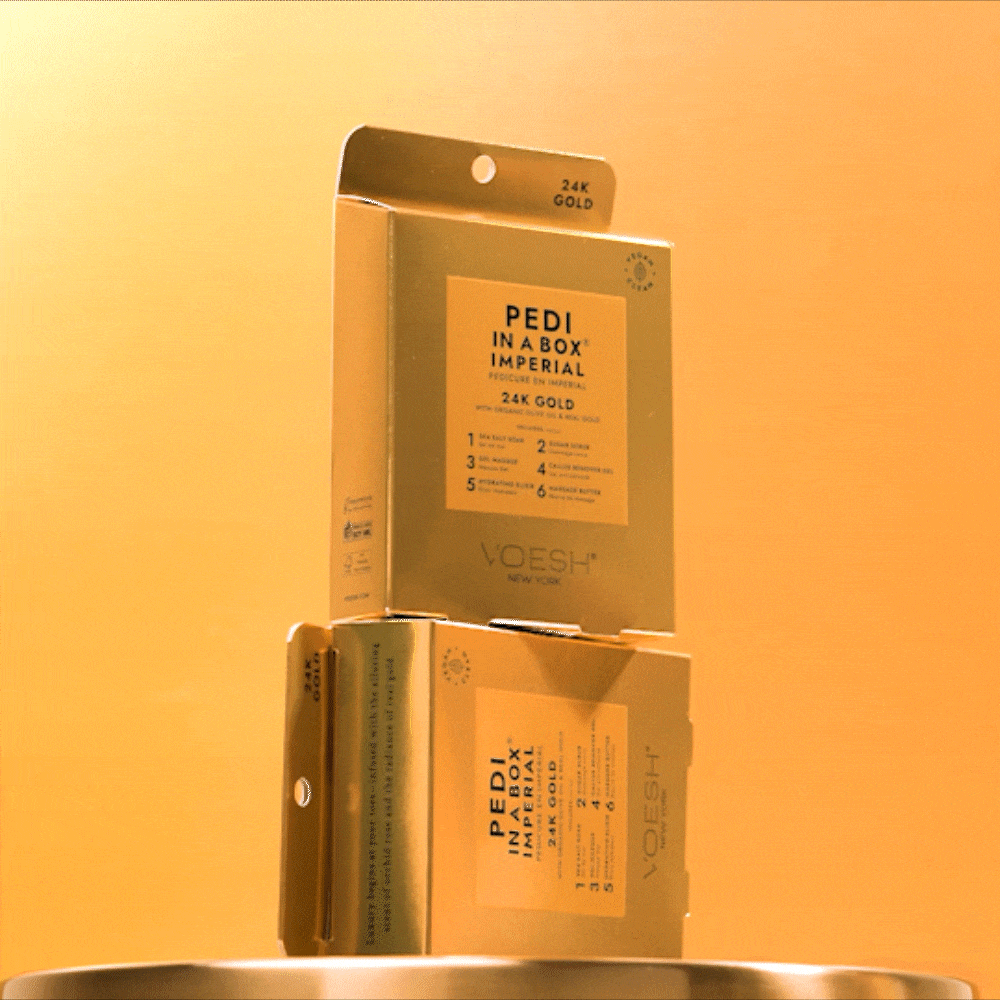 Gold packaging of 'Pedi in a Box Imperial 24K Gold' by Voesh on a white background