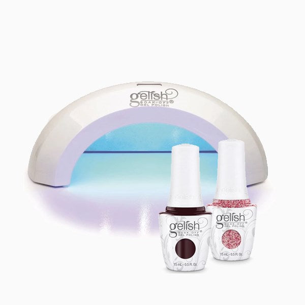 3PC GELISH PRO GEL NAIL KIT - Red/Pink Glitter - Curing Lamp, 2 Colours