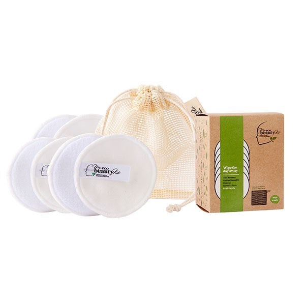 MY ECO BEAUTY KIT - THIN BAMBOO Cotton - RE-USABLE Makeup remover pads  -  'WHITE' 6pk  Includes 'BONUS' cotton wash bag 